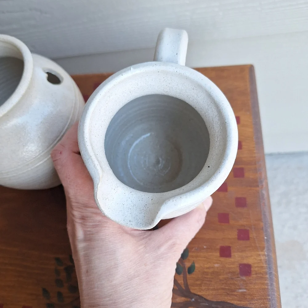 Vintage salt glazed Pinewood Valley stoneware creamer and sugar bowl blue hearts
